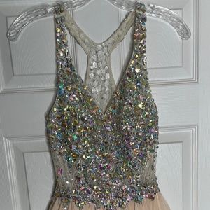 EUC! Champagne Jewel / Sequin Chiffon Party Dress Short Homecoming Prom Wedding